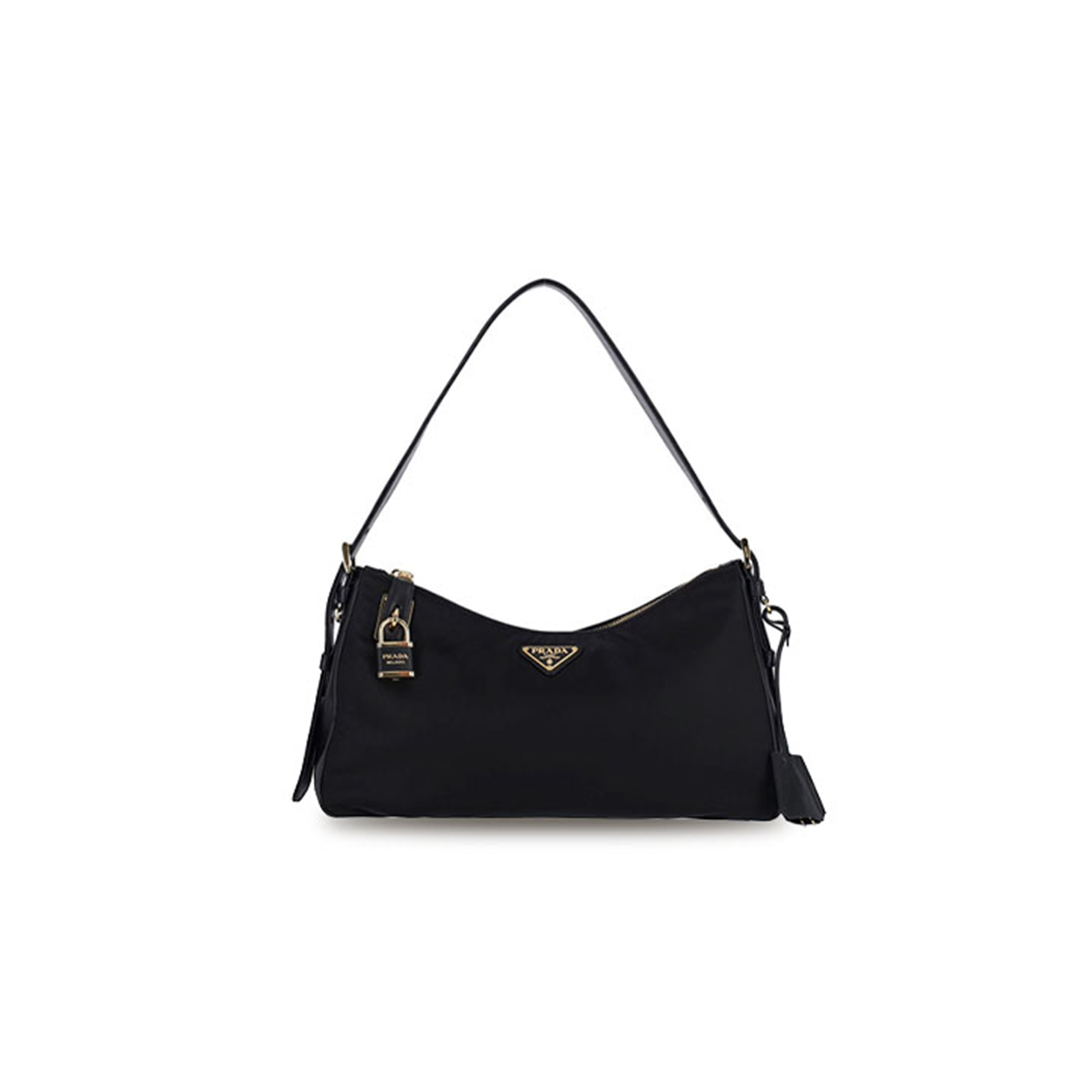 Pra*a black aimÉe large re-nylon and leather shoulder bag with padlock 1bc232 (34*19.5*10cm)
